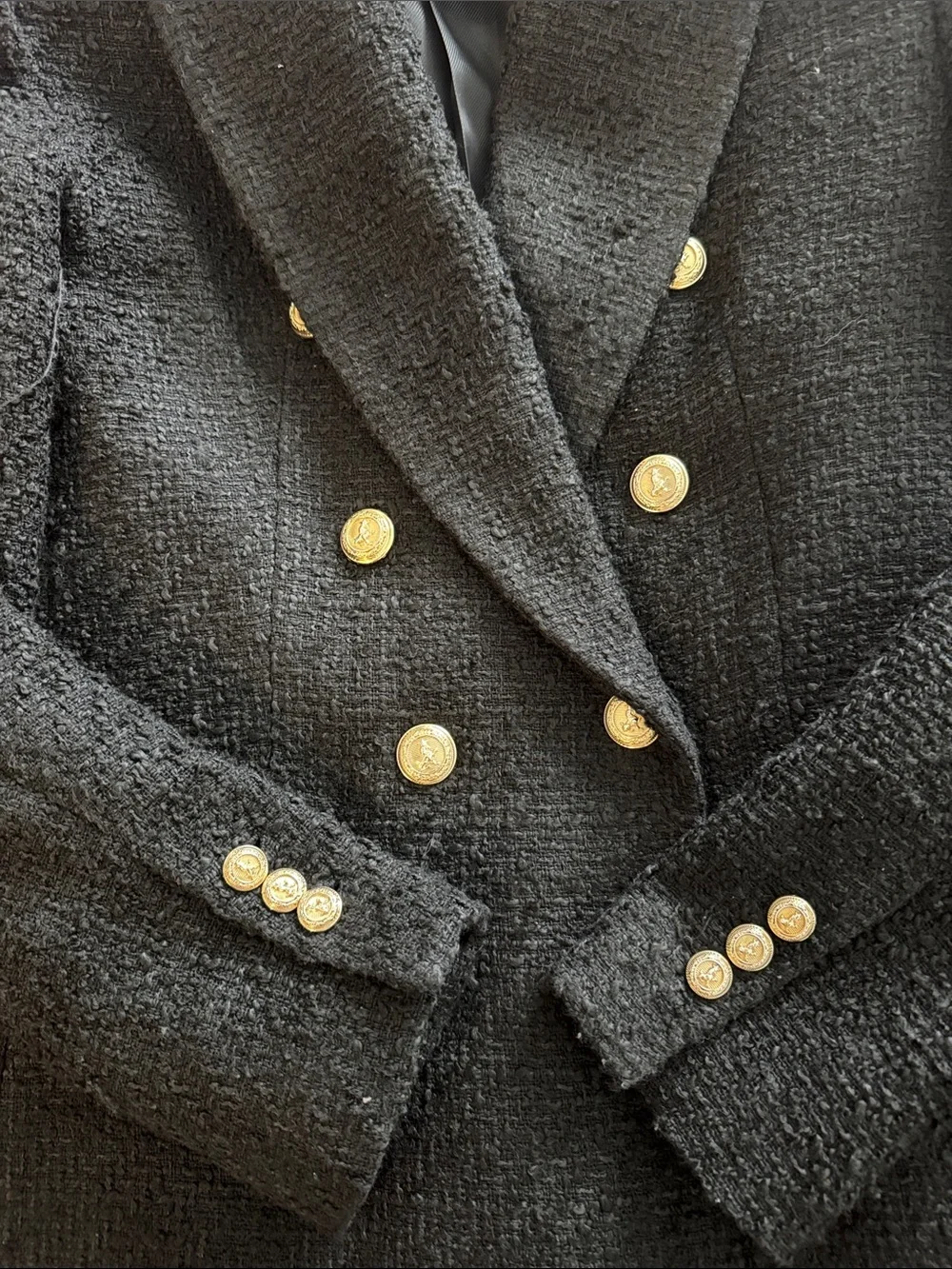 ZARA Tweed Textured Weave Double Breasted Blazer Black Gold Buttons Size Small